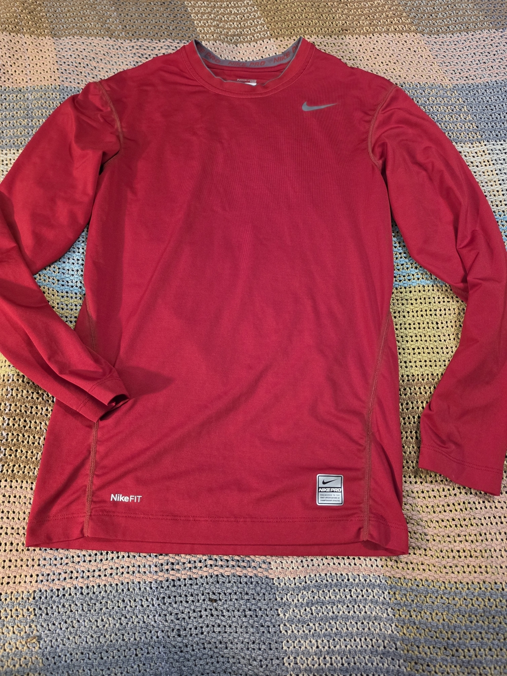 Nike Men's Long Sleeve Shirt Red with Silver Swoosh